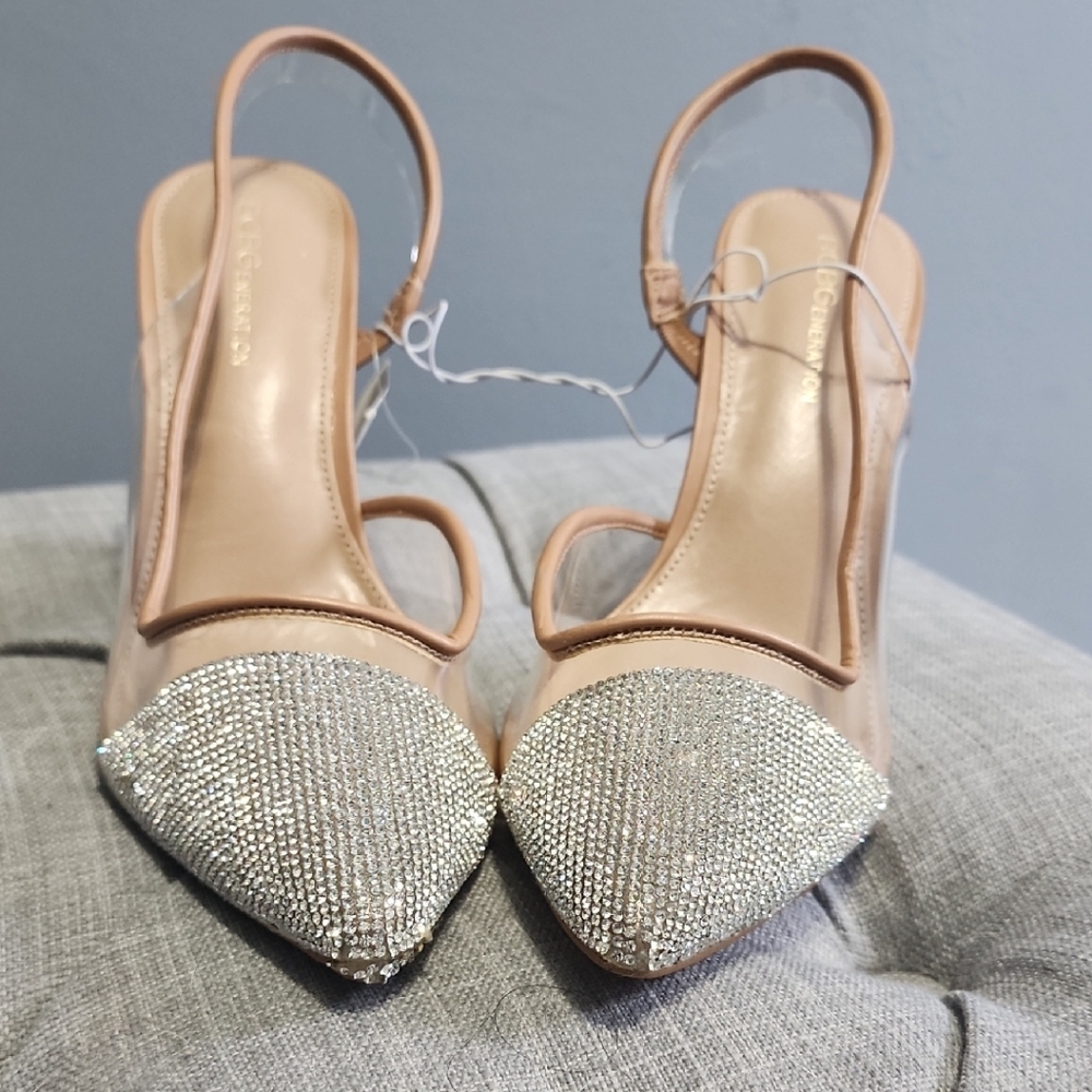 BCBGeneration Cream and Silver Pointed-Toe Slingback Heels